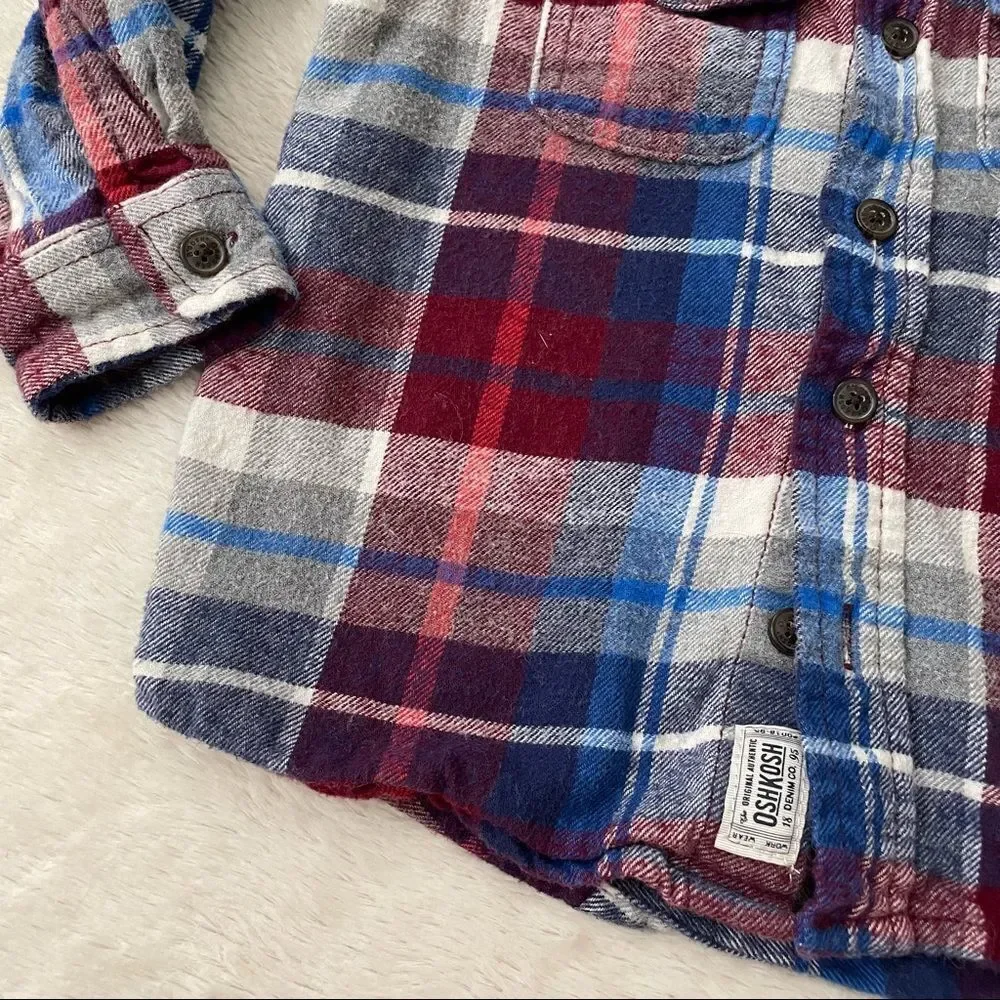 𝅺oshkosh Toddler Red Blue Plaid Long Sleeve Flannel Shirt Size 3T